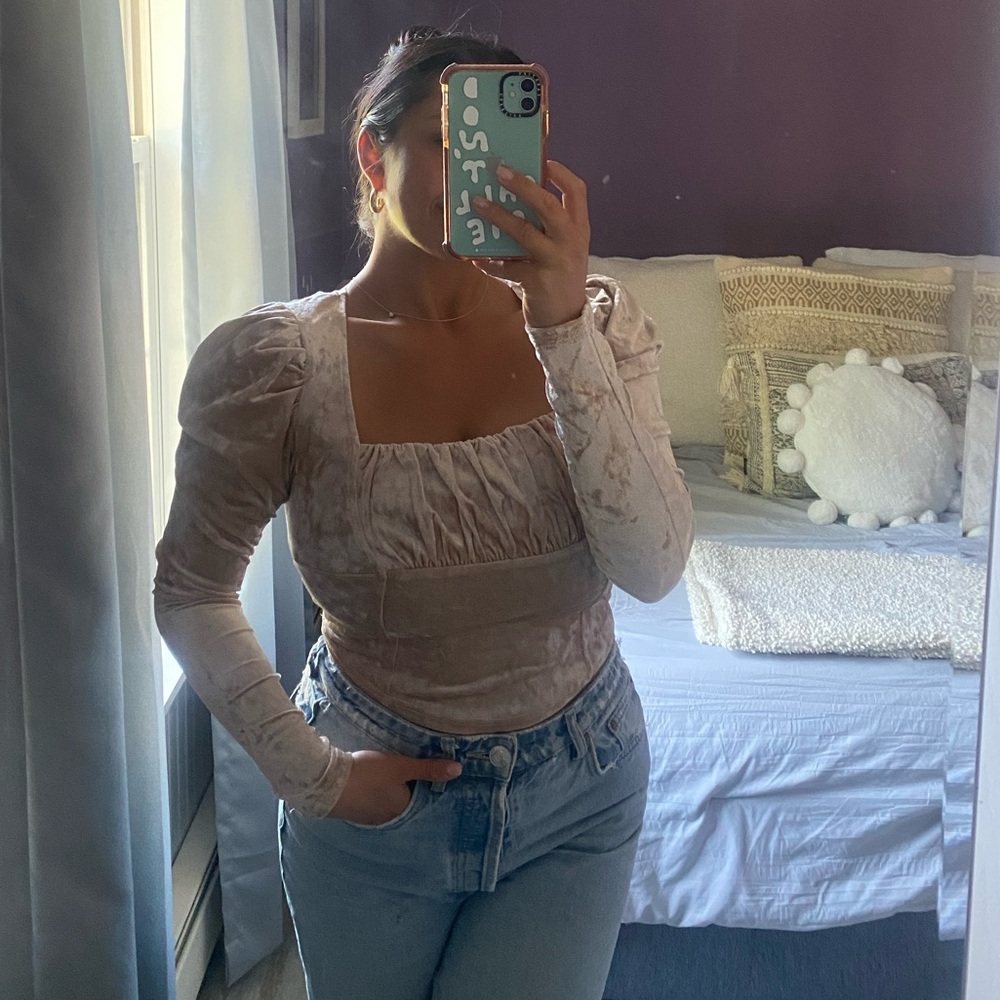 Champagne velour cropped blouse